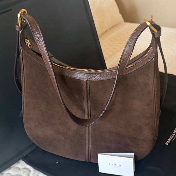 DeMellier Dark Brown Suede Hobo Shoulder Bag with Gold Padlock. Siena Hobo bag. - Picture 10 of 16